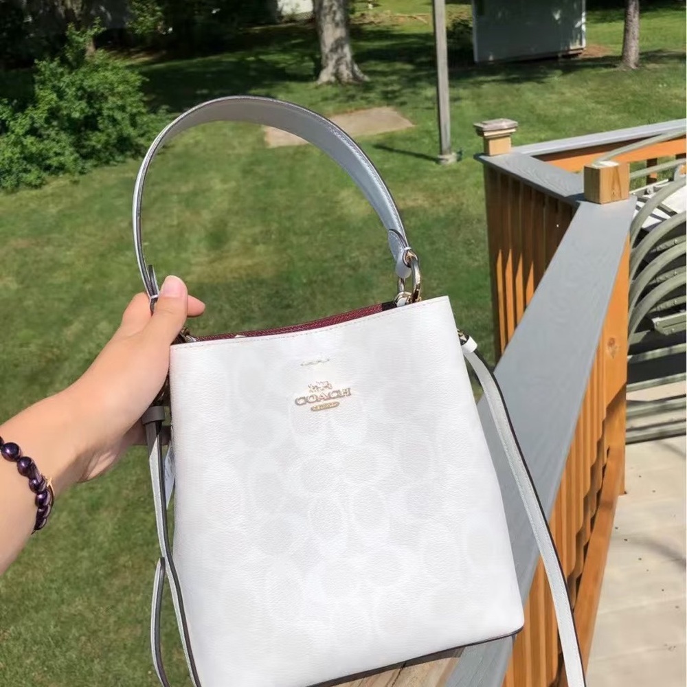 Coach White Signature Leather Shoulder Bag with Burgundy Accent